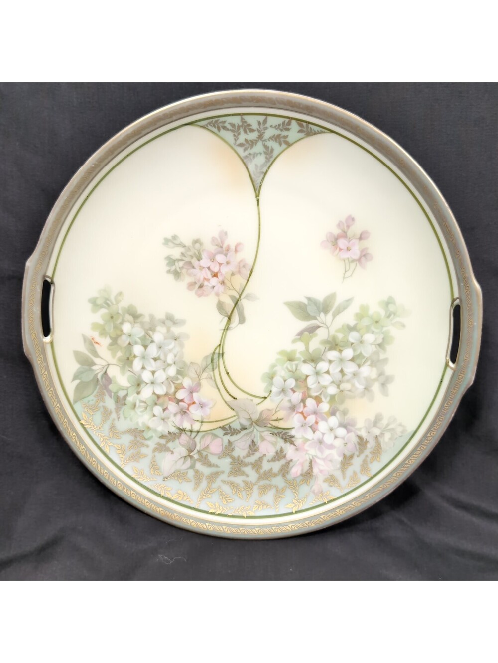 Antique RS Germany Hand Painted Floral Plate Double Handled Lilac Gold Trim 10"